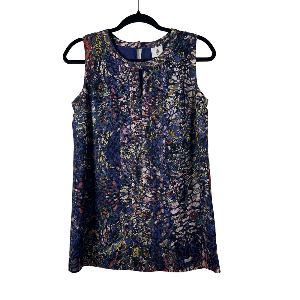 Cabi Blouse Womens Blue Multi Color‎ Abstract Pleated Keyhole Sleeveless XS